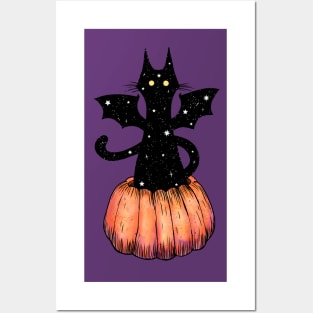 Starry Bat Cat in a Pumpkin Posters and Art